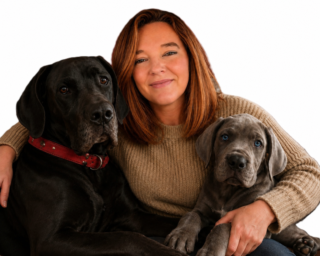 Sian smiling while hugging her two Great Danes, Onyx, an adult black Great Dane with a red collar, and Odin, a blue-gray puppy.
