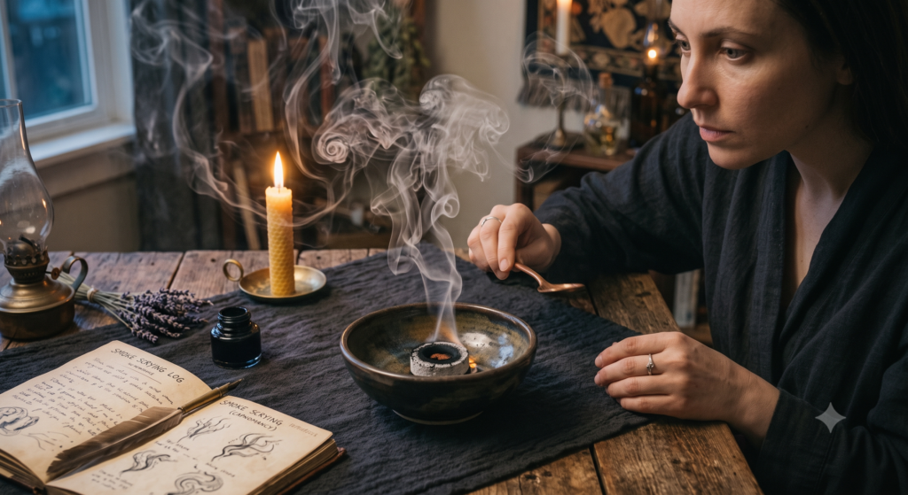 Smoke scrying capnomancy method with incense resin sians emporium A practitioner watching curling smoke plumes rise from burning frankincense resin in a ceramic dish during a capnomancy scrying session next to a candle and an open journal