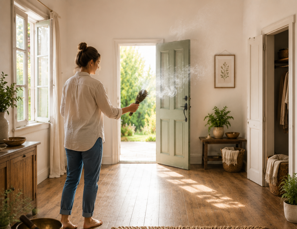 Woman smoke cleansing her home with burning herbs beside an open front door and windows to release smoke and stagnant energy