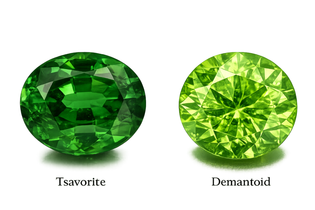 Tsavorite vs demantoid green garnet comparison sians emporium Comparison of tsavorite and demantoid gemstones showing polished green garnets side by side on a transparent background