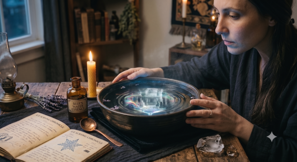 Water scrying sians emporium A woman in a rustic candlelit study performing a water scrying divination ritual She leans over a dark ceramic bowl filled with shimmering water that reflects mystical iridescent patterns Her hands featuring silver rings rest near the bowl The wooden table holds an open'Seer's Water Essence' chronicle, a bottle, dried lavender, a lit beeswax candle, a copper spoon, and a melting ice cube.