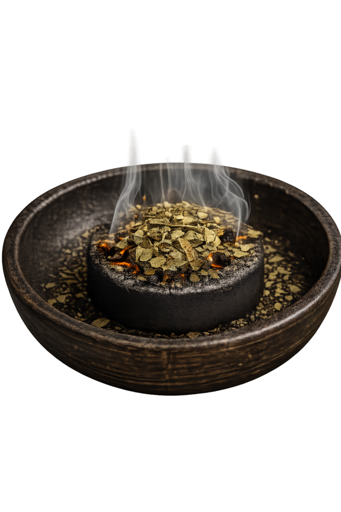 Herbs for scrying sians emporium Chopped bay leaves smouldering on a charcoal disc inside a rustic bowl with rising smoke used for spiritual cleansing manifestation and ritual practice