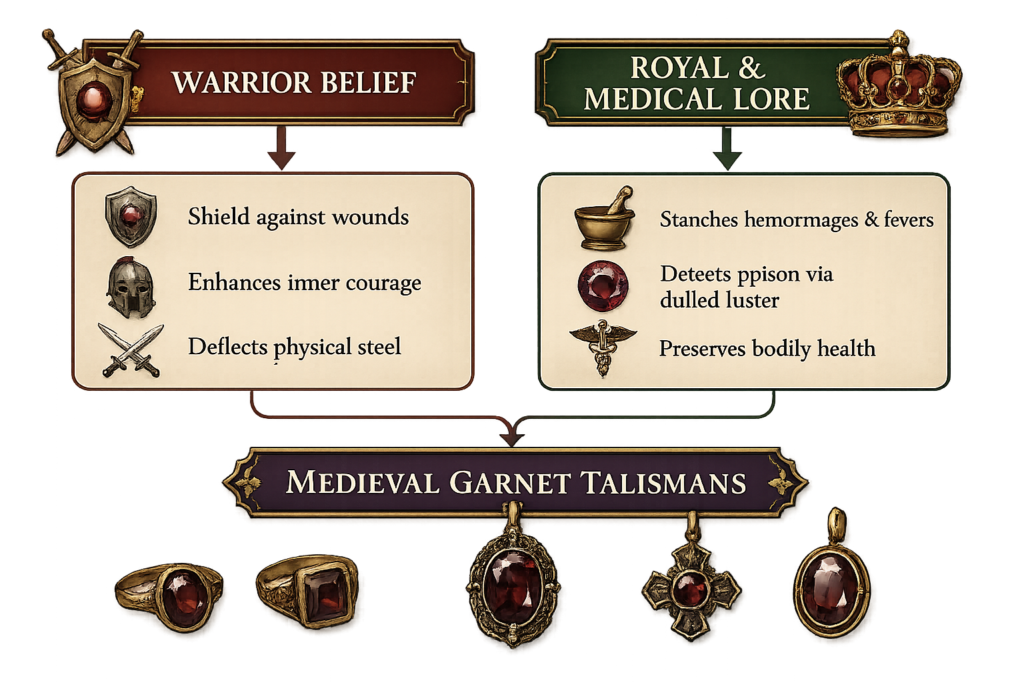 Two banners compare warrior belief vs Royal and medical lore listing protective talismans and their uses with garnet jewelry below