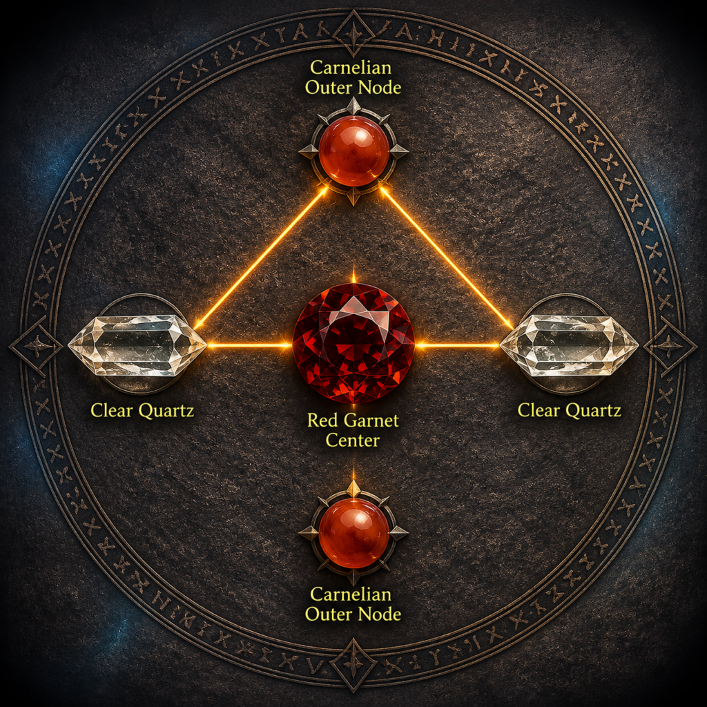 Redgarnetcrystalgridcarnelian sians emporium Red garnet crystal grid with a central garnet two clear quartz points and two carnelian outer nodes connected by glowing energy lines