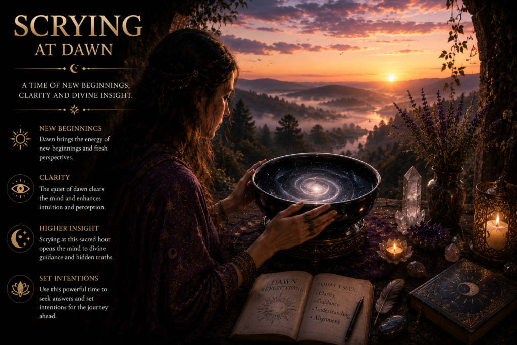 Scryingatdawn sians emporium Woman practising scrying at dawn with a crystal bowl candles and crystals as the rising sun illuminates a peaceful landscape