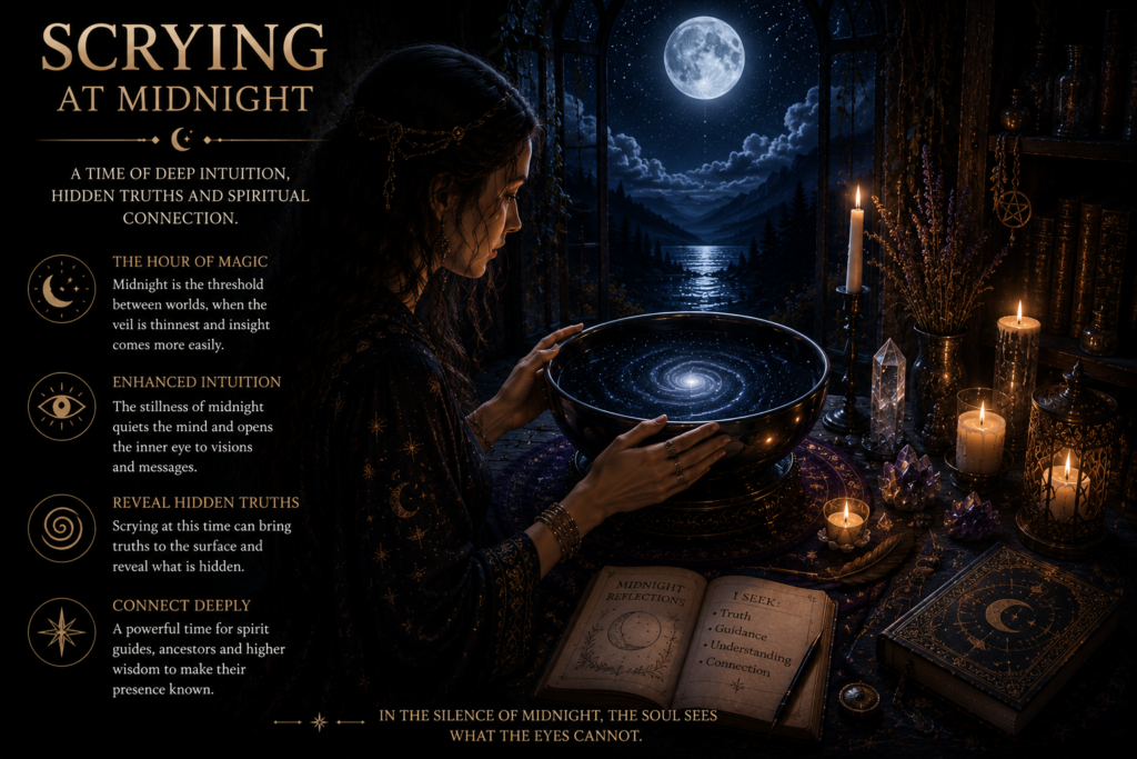 Scrying at midnight deep intuition and hidden truths sians emporium Woman practising scrying at midnight with a crystal bowl candles and crystals beneath a moonlit sky to seek intuition spiritual guidance and hidden truths