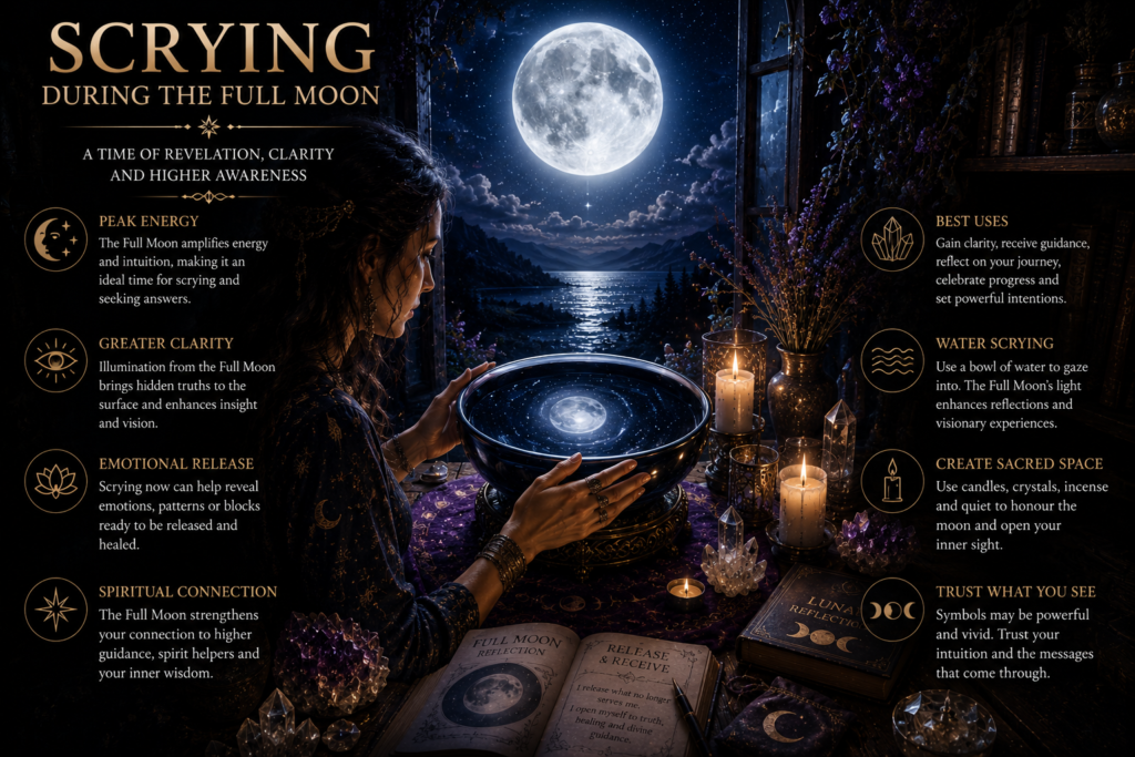 Scryingduringthefullmoon sians emporium Woman practising full moon scrying with a crystal bowl candles and crystals beneath a bright full moon to seek clarity intuition and spiritual guidance