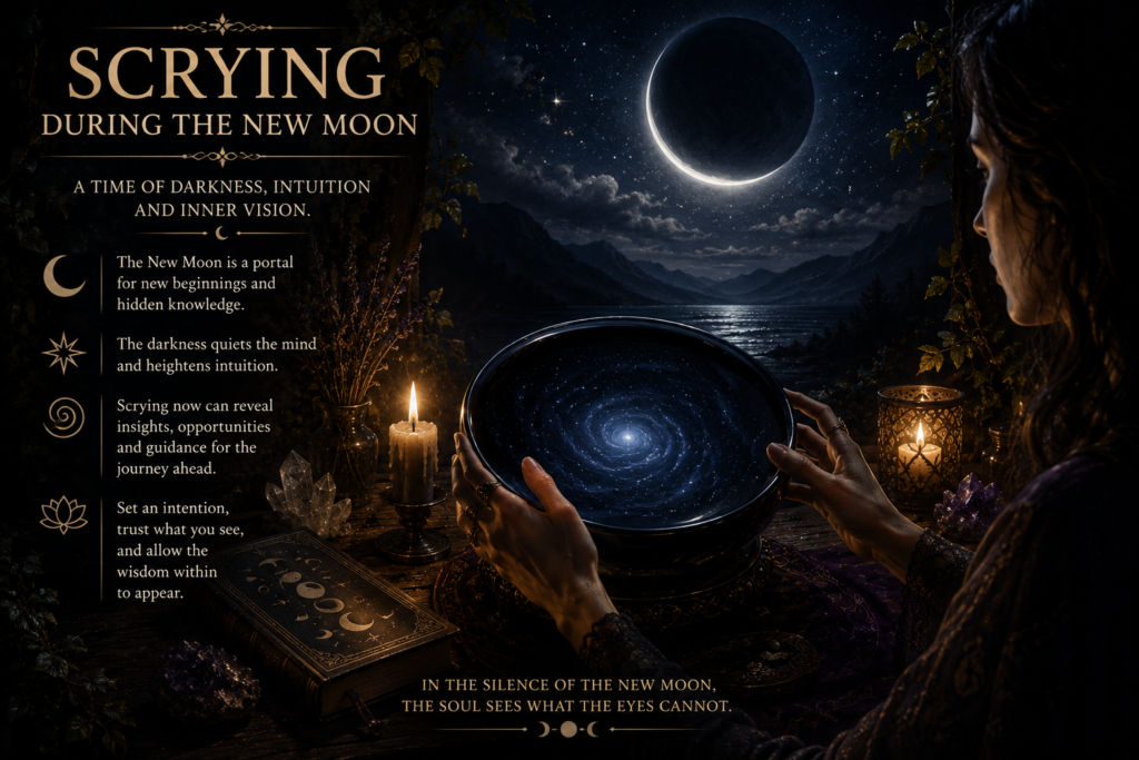 Scrying during the new moon intuition and inner vision sians emporium Woman practising scrying during the new moon by candlelight with a crystal scrying bowl crystals and ritual tools beneath a dark night sky