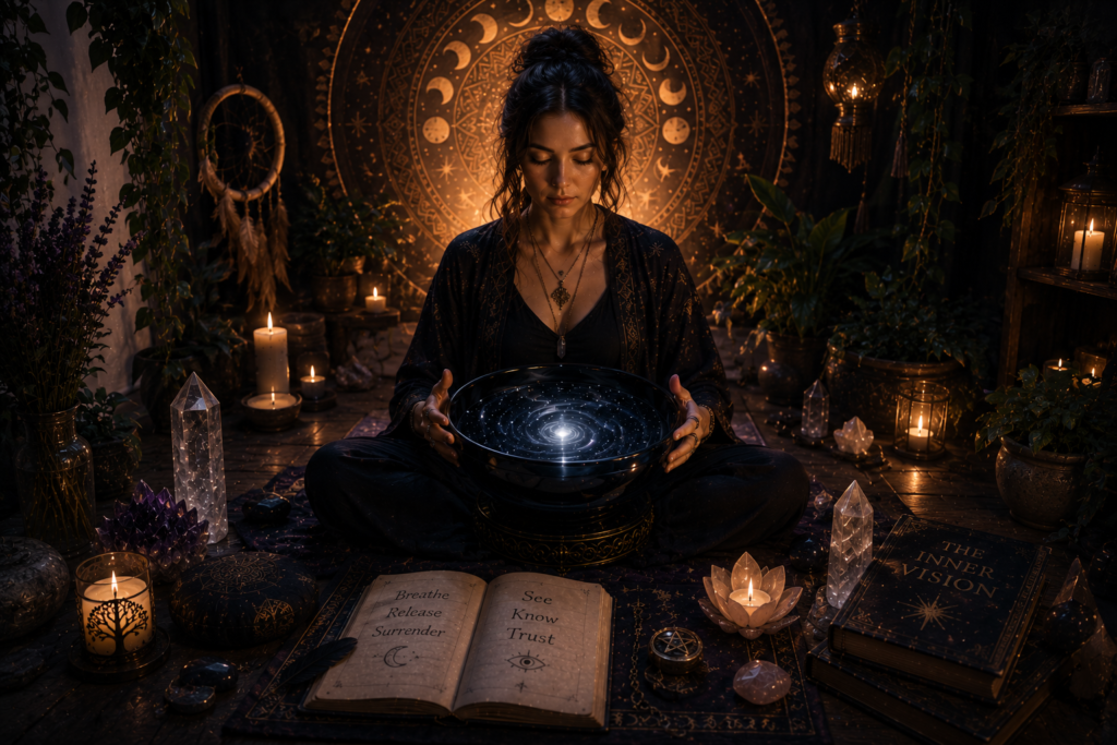 Scrying whilst meditating inner vision and spiritual connection sians emporium Woman meditating while gazing into a crystal scrying bowl surrounded by candles crystals and spiritual tools in a peaceful meditation space