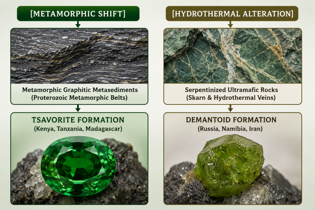 Tsavoritedemantoidgeologicalformation sians emporium Infographic comparing the geological formation of tsavorite and demantoid garnets through metamorphic and hydrothermal processes