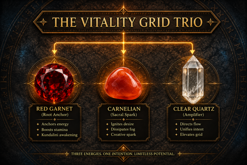 Vitalitygridtrioredgarnetcarnelianclearquartz sians emporium Infographic showing the vitality grid trio featuring red garnet carnelian and clear quartz with their spiritual roles and crystal healing properties