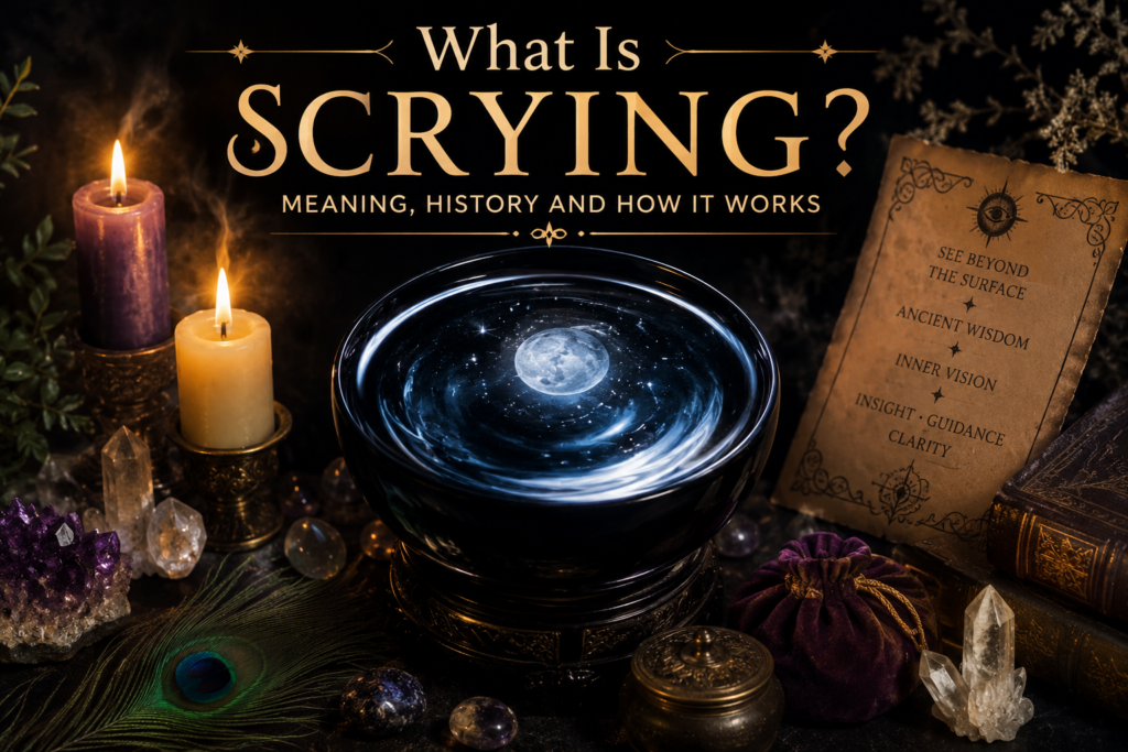 What is scrying Meaning history and how it works sians emporium Mystical scrying altar featuring a crystal ball candles crystals and ancient books illustrating the history meaning and practice of scrying for divination
