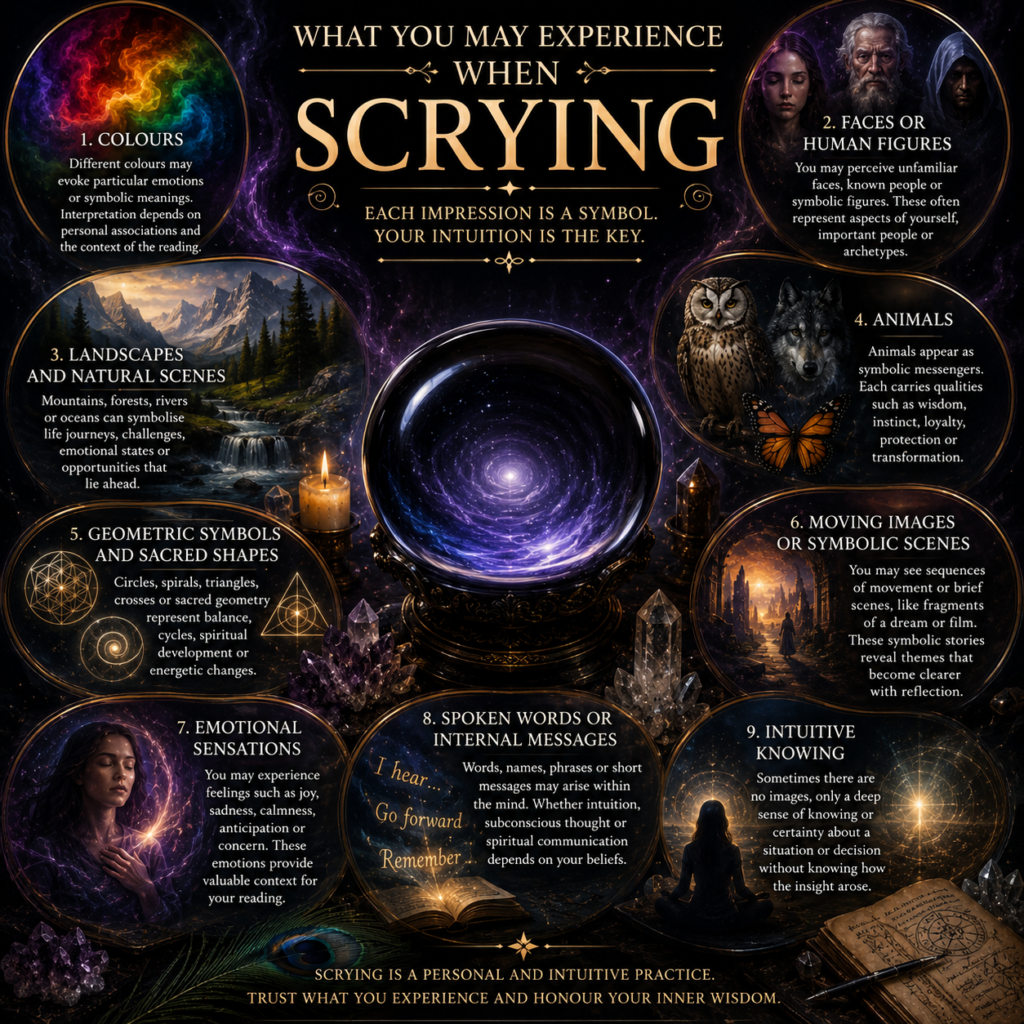 What you may experience during scrying sians emporium Mystical infographic illustrating common scrying experiences including colours symbolic faces landscapes animals sacred geometry emotional sensations intuitive knowing and internal messages surrounding a crystal ball