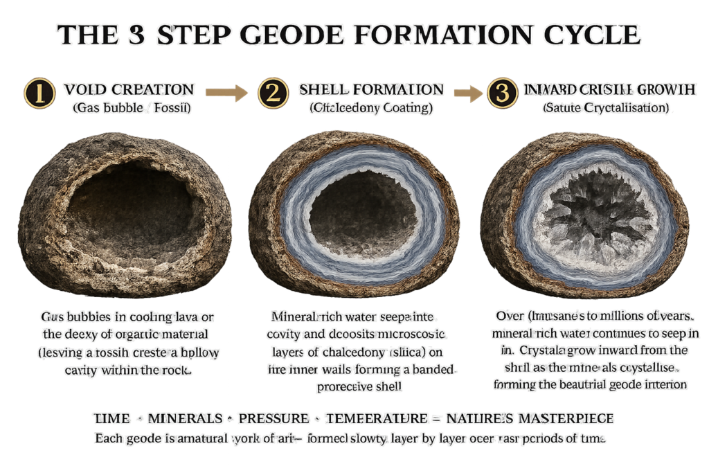 The 3step geode formation cycle how geodes form sians emporium Three step geode formation cycle showing void creation chalcedony shell formation and inward crystal growth as minerals crystallise inside a rock cavity