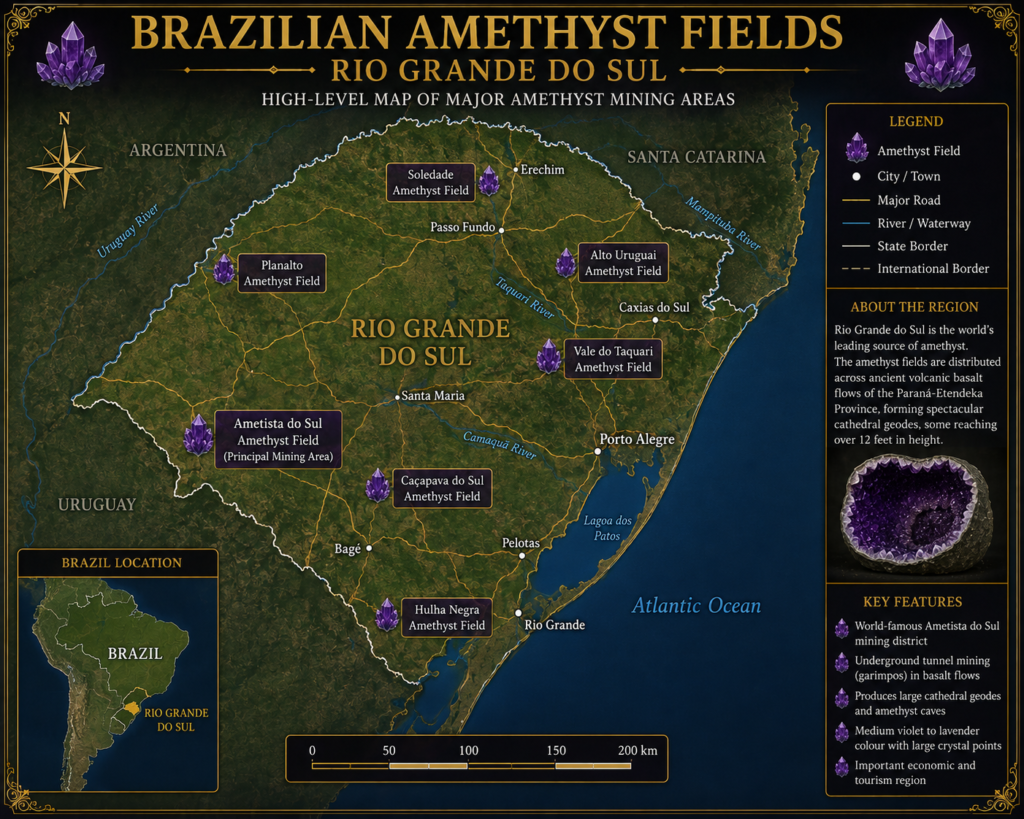 Brazilian amethyst fields rio grande do sul mining map sians emporium High level map of the brazilian amethyst fields in rio grande do sul highlighting ametista do sul and other amethyst producing areas major towns roads rivers and regional geology
