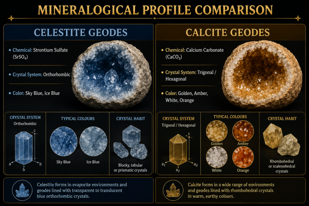 Mineralogical comparison of celestite and calcite geodes showing chemical composition crystal systems typical colours and crystal habits