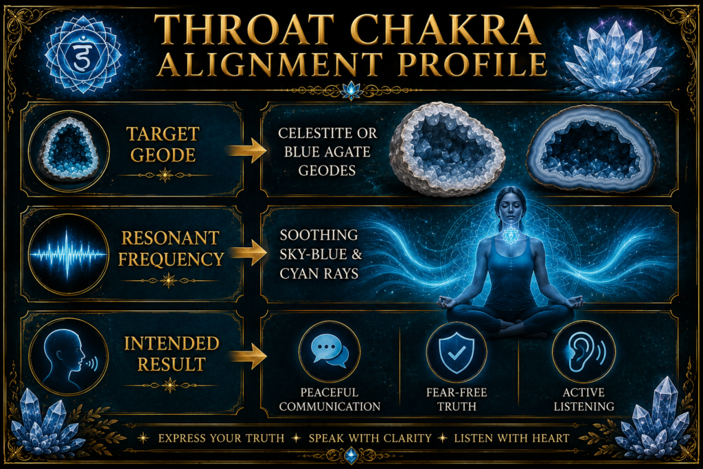 Throat chakra alignment profile celestite and blue agate geodes sians emporium Throat chakra alignment profile featuring celestite and blue agate geodes soothing sky blue and cyan rays peaceful communication fear free truth and active listening