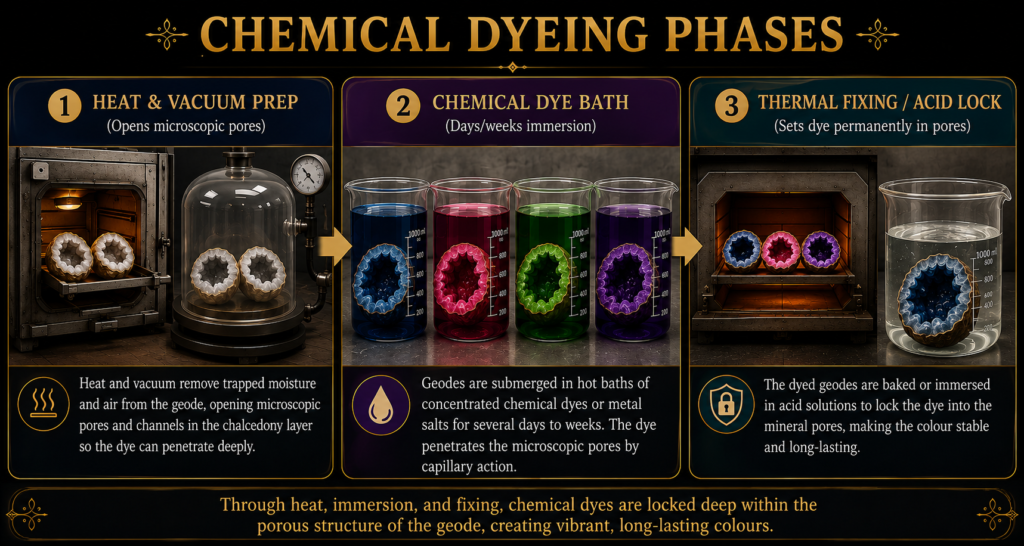 Chemical geode dyeing phases heat dye bath and fixing process sians emporium Infographic illustrating three chemical geode dyeing phases heat and vacuum preparation immersion in chemical dye baths and thermal fixing or acid treatment to lock colour into the stone