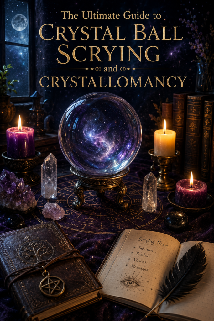 The ultimate guide to crystal ball scrying and crystallomancy sians emporium Crystal ball on an ornate stand surrounded by candles crystals ancient books and mystical symbols illustrating the practice of crystal ball scrying and crystallomancy