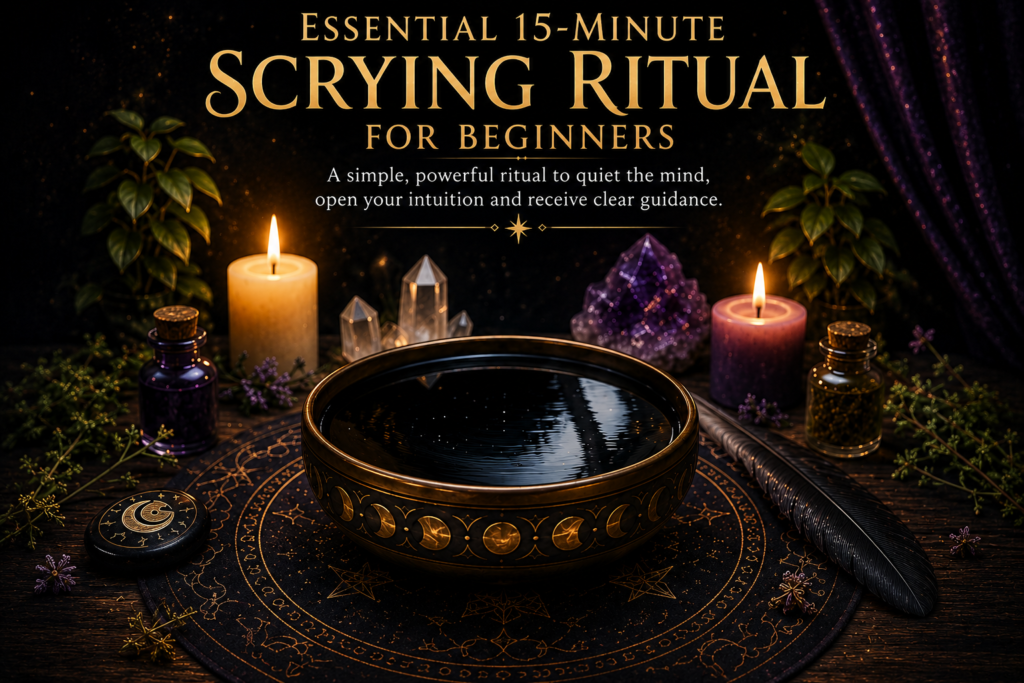 Essential 15minute scrying ritual for beginners sians emporium Essential 15 minute scrying ritual for beginners featuring a black scrying bowl candles crystals and a mystical altar for developing intuition and divination