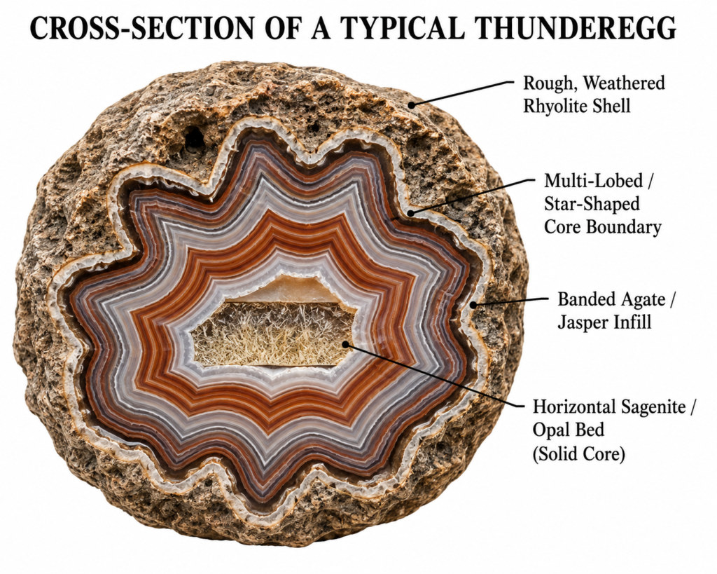 Crosssection of a typical thunderegg sians emporium Cross section of a typical thunderegg showing the rough weathered rhyolite shell multi lobed core boundary banded agate and jasper infill and sagenite or opal core