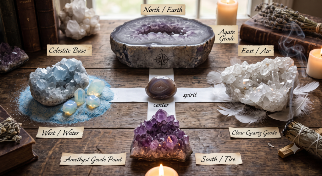 Sacred altar placement scheme elemental crystal grid sians emporium Sacred altar crystal grid placement