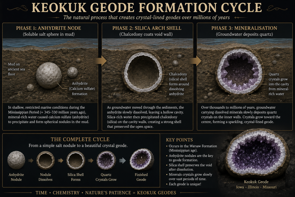 Keokuk geode formation cycle from anhydrite nodule to quartz geod sians emporium Diagram showing the keokuk geode formation cycle from an anhydrite nodule through dissolution and chalcedony shell formation to groundwater mineralisation and quartz crystal growth
