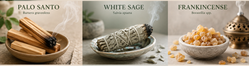 Palo santo white sage and frankincense comparison sians emporium Comparison of palo santo white sage and frankincense showing their origins aromas traditional spiritual associations and common uses for smoke cleansing and meditation