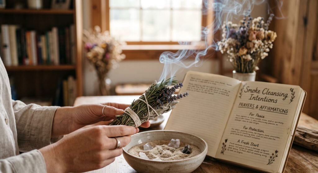 Smoke cleansing intentions prayers ritual setup sians emporium Smoldering botanical smoke cleansing wand held over a ceramic bowl alongside an open journal with cleansing intentions and prayers