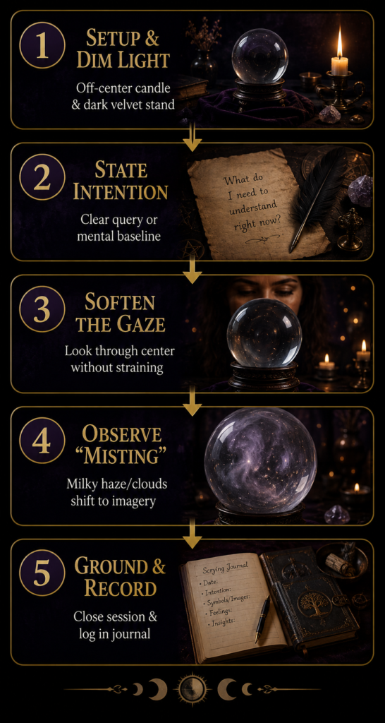 Crystal ball scrying stepbystep process flow sians emporium Vertical infographic showing the five step crystal ball scrying process from setting up the space and stating an intention to observing misting and recording insights