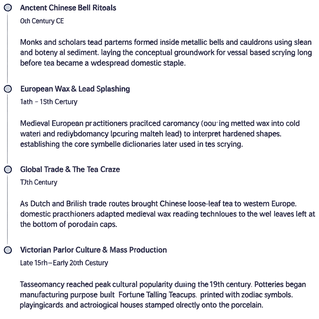 Historical timeline of tea scrying tasseomancy sians emporium A vertical timeline graphic detailing the history of tea scrying and tasseomancy from 6th century chinese bell rituals to 19th century victorian parlour culture