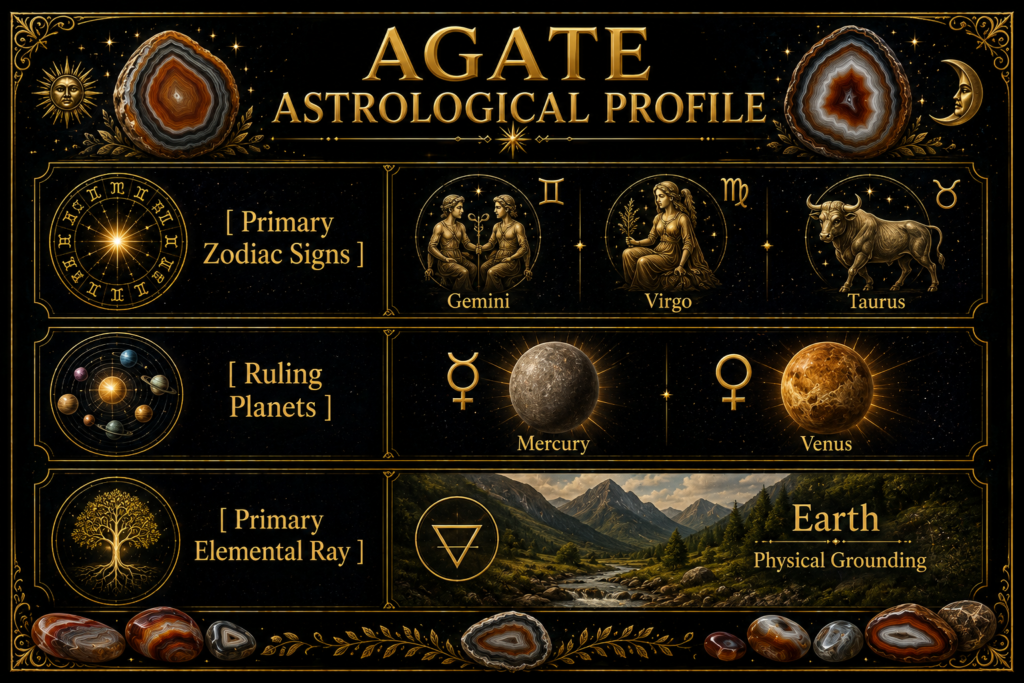 Agateastrologicalprofilegeminivirgotaurusmercuryvenus sians emporium Agate astrological profile showing gemini virgo and taurus the ruling planets mercury and venus and earth and physical grounding as its primary elemental ray