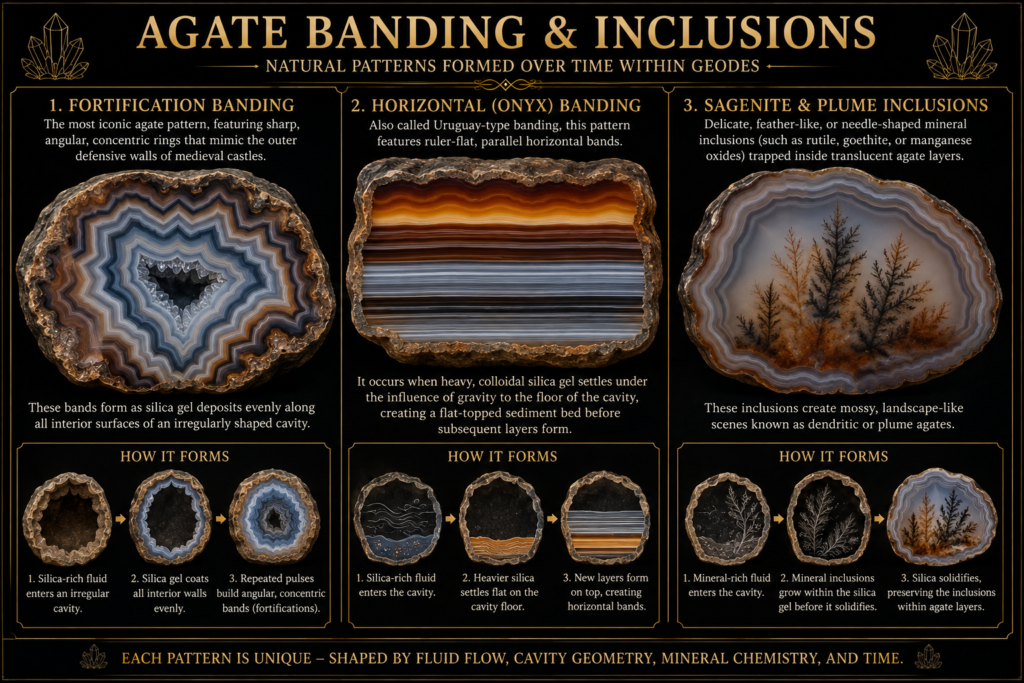 Educational diagram comparing fortification banding horizontal onyx banding and sagenite and plume inclusions in agate with examples showing how each pattern forms