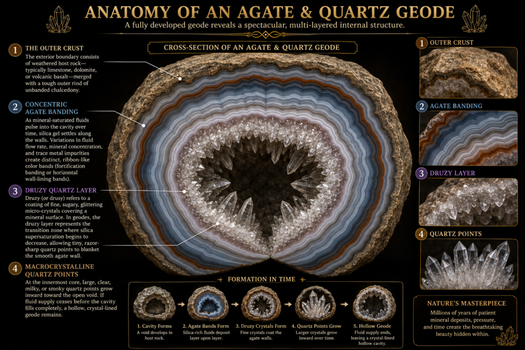 Cross section diagram of an agate and quartz geode showing the weathered outer crust concentric agate banding druzy quartz layer macrocrystalline quartz points and hollow central cavity