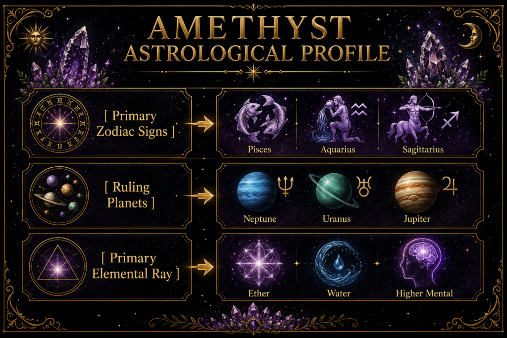 Amethyst astrological profile zodiac signs ruling planets and elemental rays sians emporium Amethyst astrological profile showing pisces aquarius and sagittarius their ruling planets neptune uranus and jupiter and the elemental rays ether water and higher mental