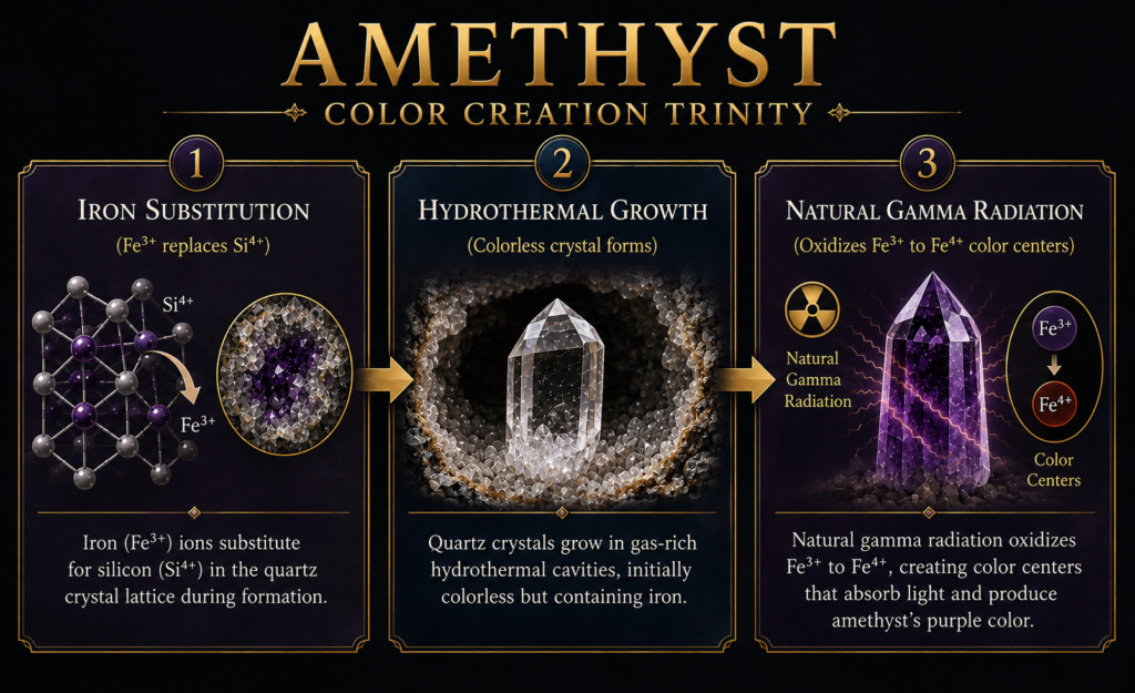 Infographic showing how amethyst gets its purple colour through iron substitution hydrothermal crystal growth and natural gamma radiation