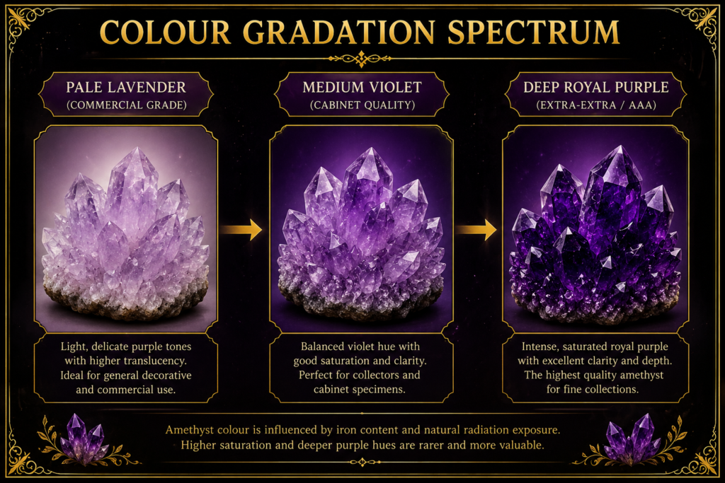 Amethystcolourgradation sians emporium Amethyst colour gradation spectrum showing pale lavender commercial grade medium violet cabinet quality and deep royal purple aaa amethyst crystal clusters