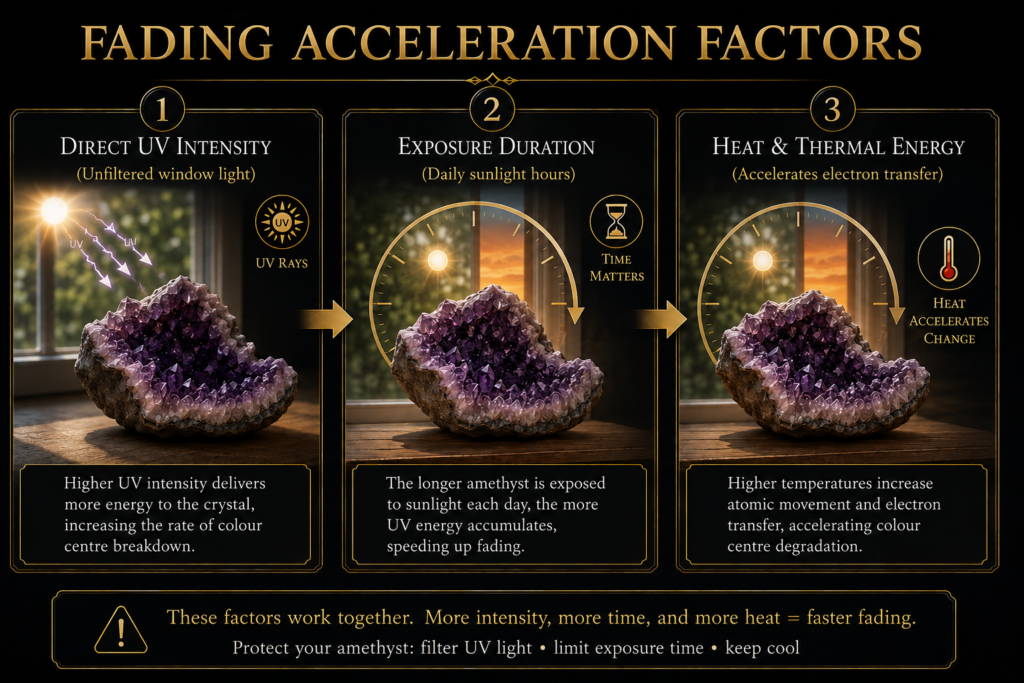 Infographic showing how direct uv intensity prolonged sunlight exposure and heat can accelerate colour fading in natural amethyst