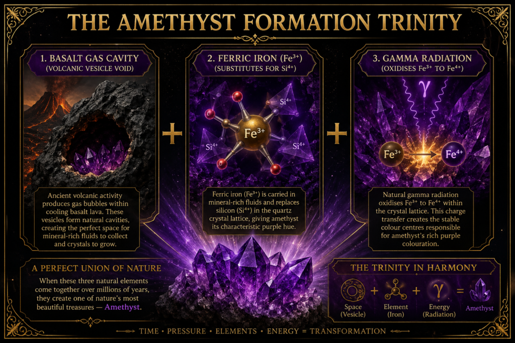 The amethyst formation trinity how amethyst crystals form sians emporium Detailed infographic explaining how amethyst forms through basalt gas cavities ferric iron impurities and natural gamma radiation producing its characteristic purple colour