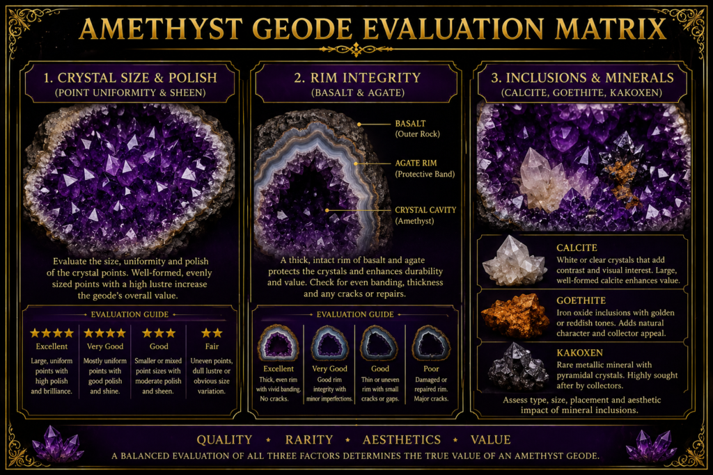 Amethyst geode evaluation matrix crystal quality and mineral guide sians emporium Amethyst geode evaluation matrix showing crystal size and polish basalt and agate rim integrity and mineral inclusions including calcite goethite and kakoxen