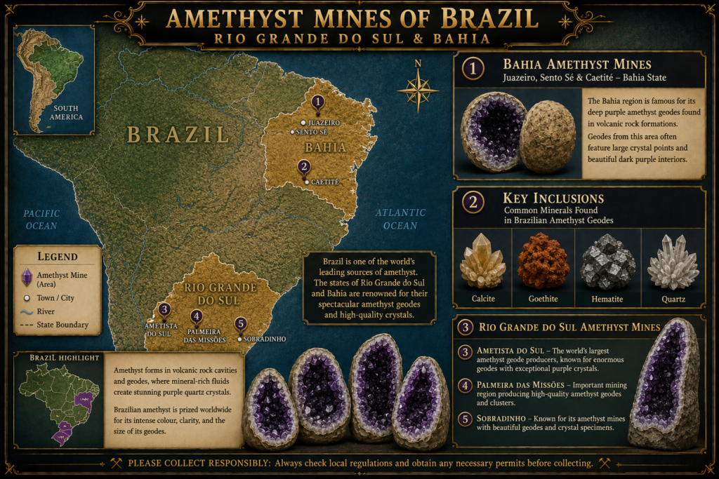 Amethyst mines of brazil rio grande do sul bahia map sians emporium Illustrated map of the amethyst mines of brazil highlighting important mining areas in rio grande do sul and bahia with brazilian amethyst geodes and associated minerals