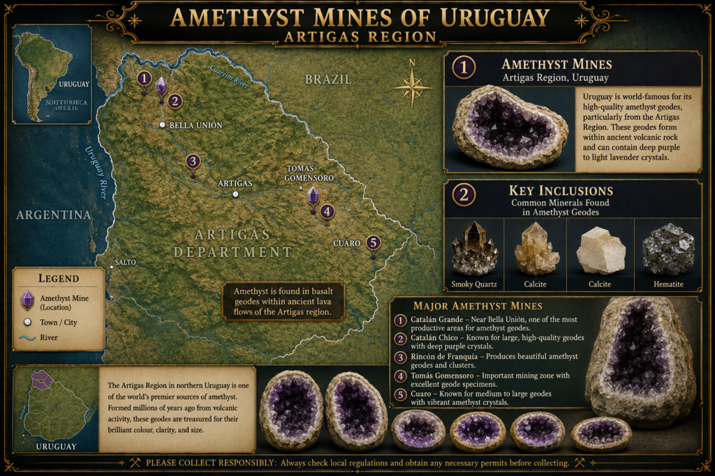 Amethyst mines of uruguay artigas region mining map sians emporium Llustrated map of the amethyst mines of uruguay in the artigas region showing important mining areas locations amethyst geodes and associated minerals