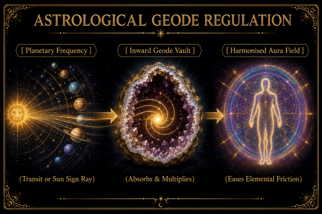 Astrological geode regulation planetary energy and aura harmonisation sians emporium Astrological geode regulation diagram showing planetary frequency flowing into a crystal geode where the energy is absorbed and multiplied before creating a harmonised aura field