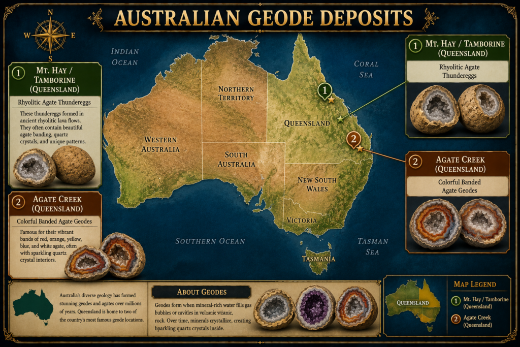 Australian geode deposits | queensland thundereggs agates sians emporium Illustrated map of australia highlighting queensland geode deposits at mt Hay and tamborine known for rhyolitic agate thundereggs and agate creek famous for colourful banded agates and geodes