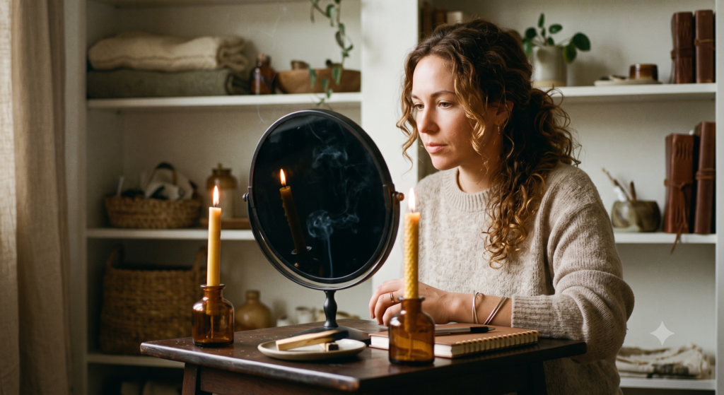Black mirror scrying setup for gentle shadow work integration sians emporium A woman sits at a wooden table engaging in black mirror scrying beside lit candles and a notebook