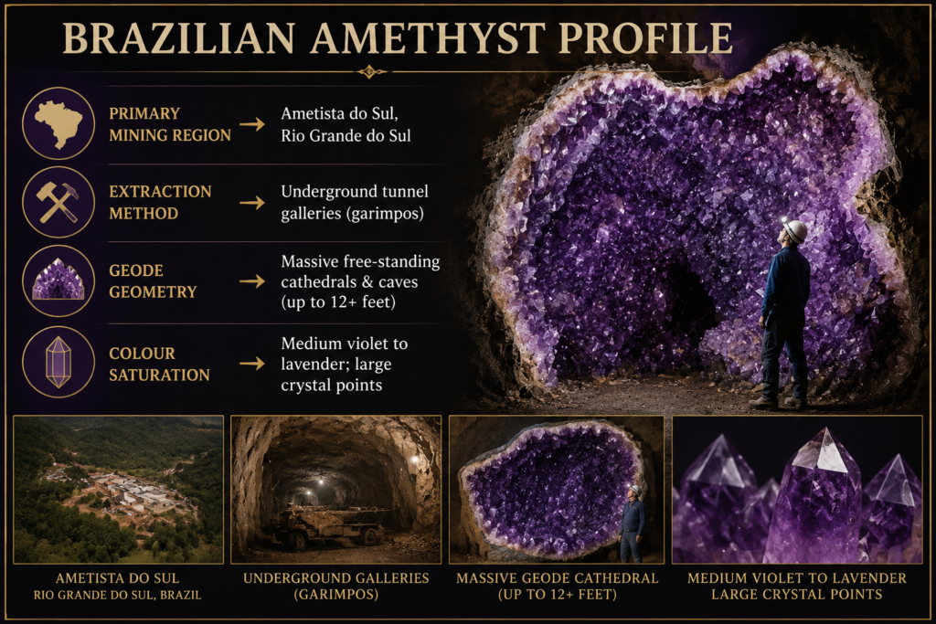 Brazilian amethyst profile ametista do sul geodes and mining sians emporium Brazilian amethyst profile showing ametista do sul in rio grande do sul underground mining galleries a massive cathedral amethyst geode and large violet to lavender crystal points