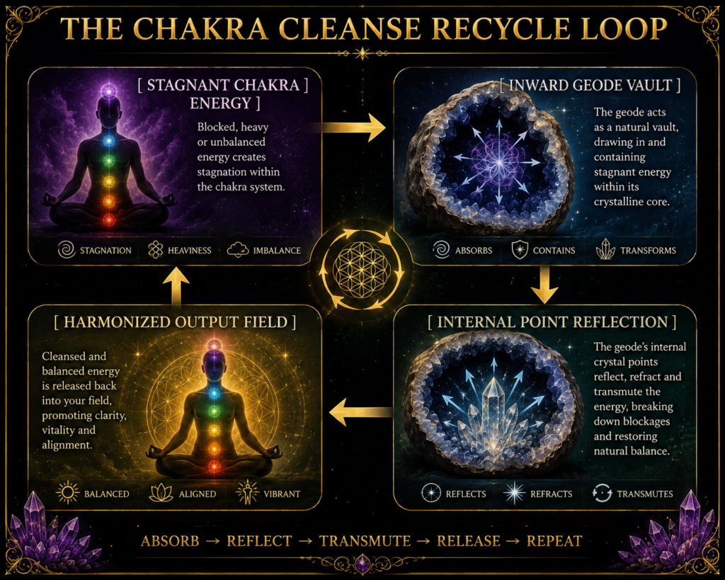 The chakra cleanse recycle loop how geodes harmonise chakra energy sians emporium Chakra cleanse recycle loop showing stagnant chakra energy entering a geode reflecting through its internal crystal points and returning as a harmonised energy field