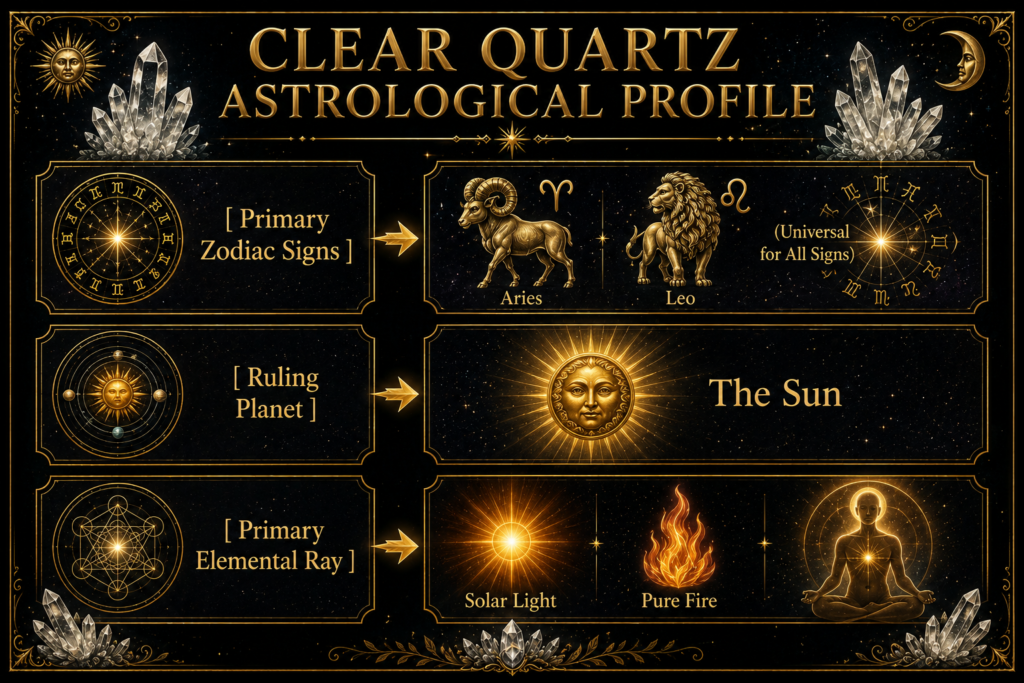 Clear quartz astrological profile zodiac signs sun and elemental ray sians emporium Clear quartz astrological profile showing aries and leo its universal connection with all zodiac signs the sun as ruling planet and solar light and pure fire as elemental rays