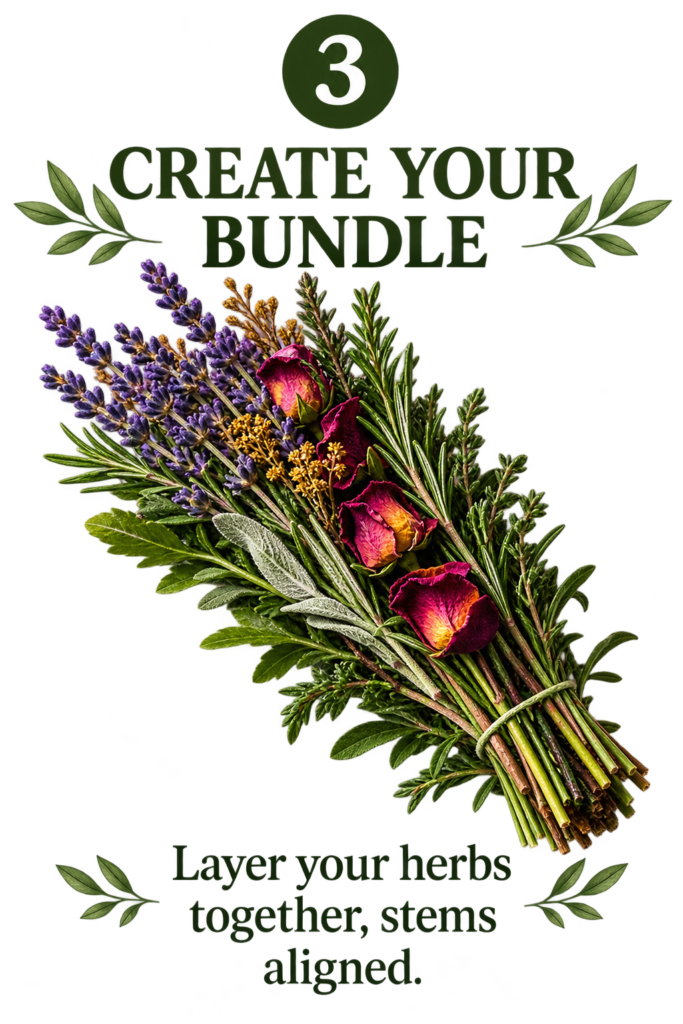 Createherbalsmokecleansing sians emporium Lavender rosemary sage rosebuds and other herbs layered together with their stems aligned to create a handmade herbal smoke cleansing bundle