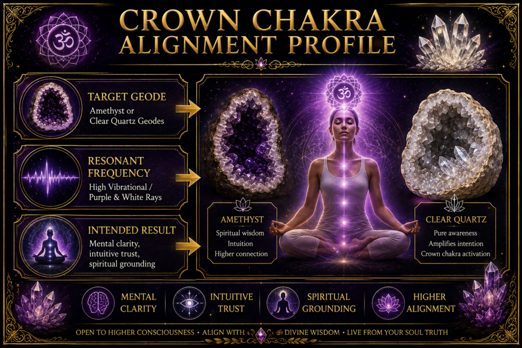 Crown chakra alignment profile amethyst and clear quartz geodes sians emporium Crown chakra alignment profile featuring amethyst and clear quartz geodes high vibrational purple and white rays mental clarity intuitive trust and spiritual grounding